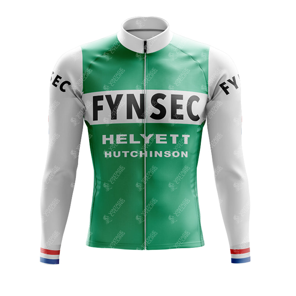 The FYNSEC Retro Long Sleeve Cycling Set features a green front, white sleeves, FYNSEC on the chest, HELYETT and HUTCHINSON below, and red-blue striped cuffs. Available with an optional fleece lining for added comfort on cooler rides.