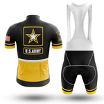 Front and back view of the I Like Beer Men Short Sleeve Cycling Set, featuring a black, yellow, and white jersey with star designs and bib shorts in a moisture-wicking cycling kit.