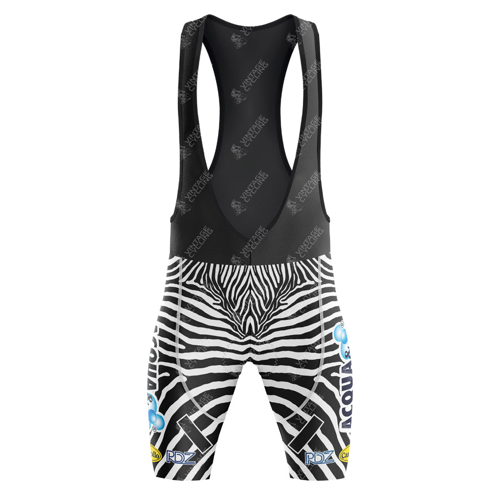 These sleek cycling bib shorts, part of the Acqua Sapone Cantina Tollo Zebra Retro Cycling Jersey Set, feature a bold black and white zebra-print design. Solid black straps and branded logos on the legs add a touch of retro charm to your ride.