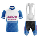 Marc Superia Blue Retro Short Sleeve Cycling Set with jersey featuring a front zipper, MARC SUPERIA and HUTCHINSON logos, and bib shorts with blue panels and MARC SUPERIA branding on the legs.