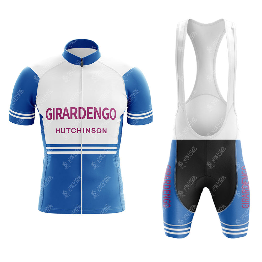 Marc Superia Blue Retro Short Sleeve Cycling Set with jersey featuring a front zipper, MARC SUPERIA and HUTCHINSON logos, and bib shorts with blue panels and MARC SUPERIA branding on the legs.