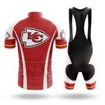 The Chief Short Sleeve Cycling Set (Copy) is a customizable red, white, and yellow cycling outfit featuring the Kansas City Chiefs logo on the back with matching designs on both the jersey and bib shorts.