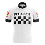 The PEUGEOT White Black Retro Short Sleeve Cycling Set features Peugeot boldly on the chest, with a classic black and white checkered pattern below. Vibrant red and yellow Shell logos adorn the sleeves.