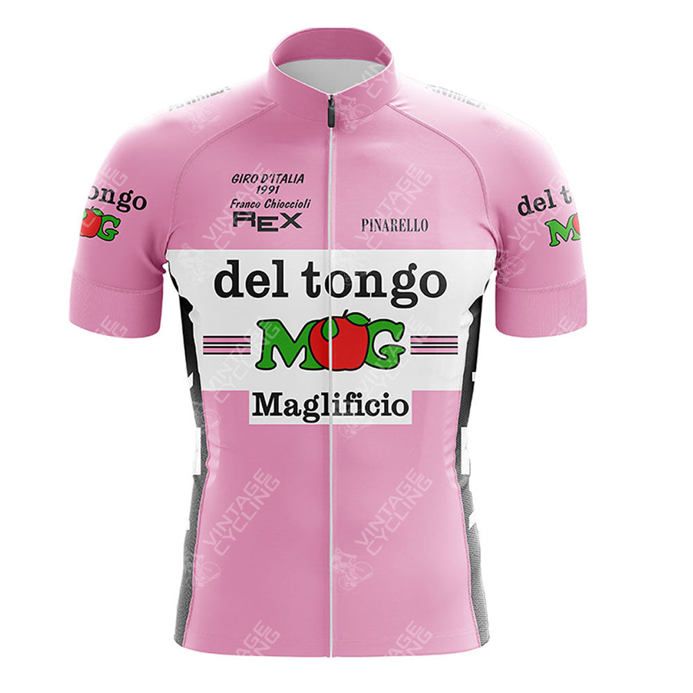 The St Raphael Geminiani Retro Short Sleeve Cycling Set features a vintage design in pink with black, white, and green accents, sponsor logos, high collar, and classic short sleeves—ideal for any cycling enthusiast.