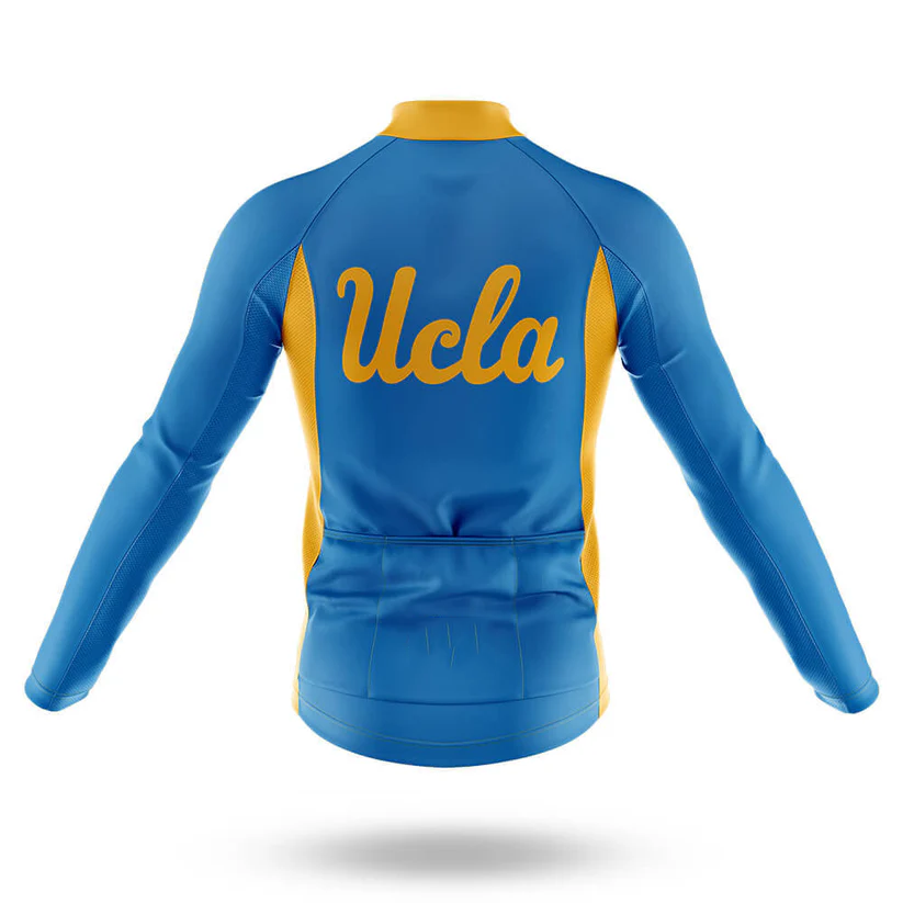 A USC men long sleeve cycling jersey in blue and yellow is displayed on a white background, featuring "Ucla" in bold yellow script across the back—ideal for cool weather rides.