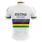 The Filotex Retro Cycling Jersey, made from lightweight polyester, features FESTINA WATCHES on the back. It showcases UCI rainbow colors with blue, red, black, yellow, and green stripes across the jersey and sleeves for a classic look.