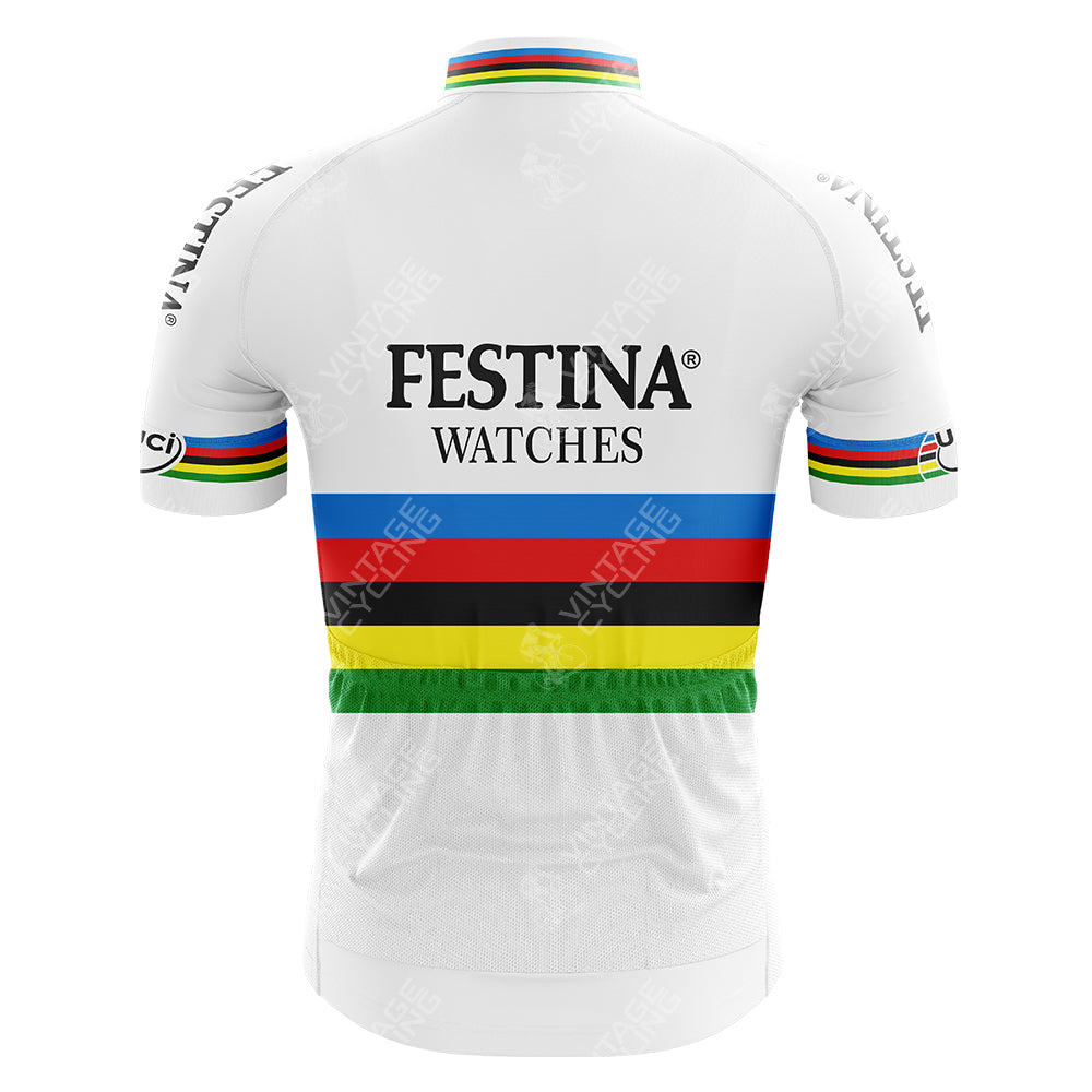 The Filotex Retro Cycling Jersey, made from lightweight polyester, features FESTINA WATCHES on the back. It showcases UCI rainbow colors with blue, red, black, yellow, and green stripes across the jersey and sleeves for a classic look.
