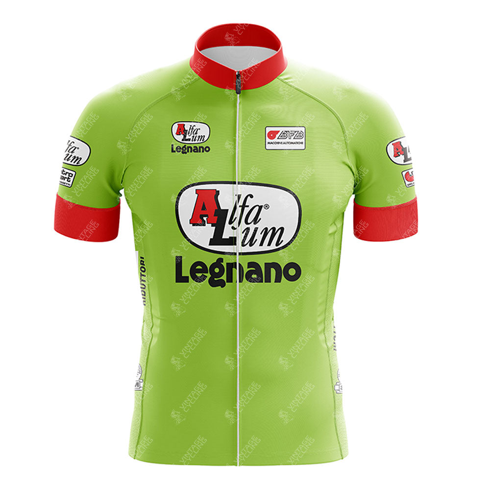 The Alfa Lum Legnano White Retro Short Sleeve Cycling Set is a customizable cycling jersey with team logo and sponsor patches on the chest, sleeves, and shoulders.