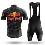 The Iggles Short Sleeve Cycling Set features a black camouflage design with yellow and red accents, a retro-style jersey (front view), matching bib shorts (back view), and the iconic Red Bull logo for a sleek, fitted look.