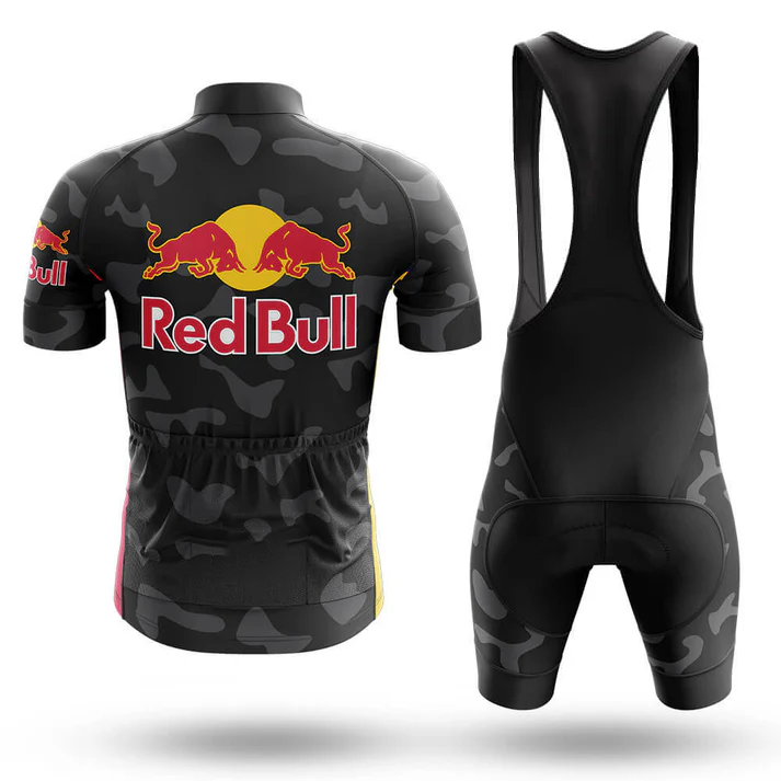The Iggles Short Sleeve Cycling Set features a black camouflage design with yellow and red accents, a retro-style jersey (front view), matching bib shorts (back view), and the iconic Red Bull logo for a sleek, fitted look.