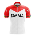 The FAEMA White Retro Short Sleeve Cycling Set features a white body with bold red shoulders, FAEMA printed on the chest, and multicolored stripes on the sleeve cuffs and collar. It is completed with a central zipper for a classic look.