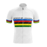 The Renault Elf Gitane Retro Cycling Jersey Set highlights RENAULT elf - CYCLES GITANE on the chest, echoing classic Tour de France designs, with vibrant multicolored stripes and a convenient front zipper.