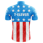 Enjoy the ultimate ride with the 7-Eleven Hoonved USA Retro Cycling Jersey, made from lightweight polyester. Its American flag design features blue with white stars on the shoulders and red and white stripes below, ideal for Eddy Merckx bike fans and nostalgic rides.