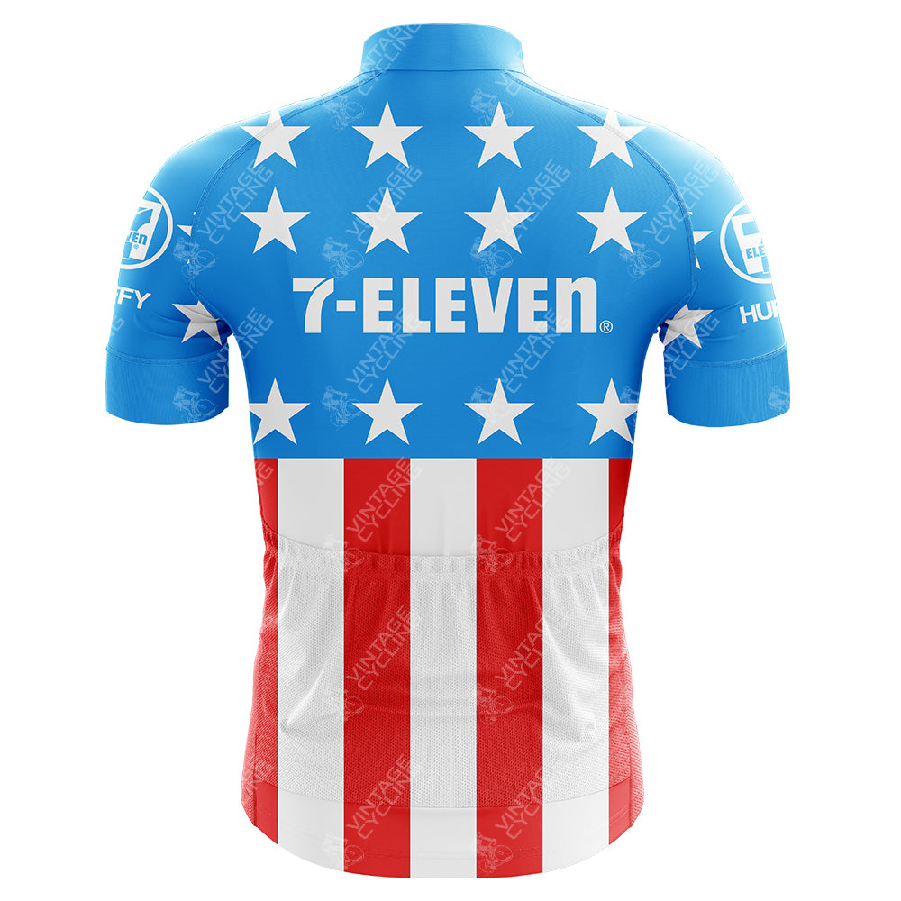 Enjoy the ultimate ride with the 7-Eleven Hoonved USA Retro Cycling Jersey, made from lightweight polyester. Its American flag design features blue with white stars on the shoulders and red and white stripes below, ideal for Eddy Merckx bike fans and nostalgic rides.