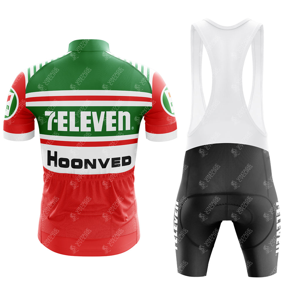 The 7-Eleven Retro Cycling Jersey Set showcases front and back views of a vintage jersey in breathable polyester with red, green, and white colors featuring 7-Eleven and Hoonved logos. The black bib shorts highlight a bold 7-Eleven logo on the side for an iconic retro touch.