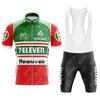 The 7-Eleven Retro Cycling Jersey Set includes a red, green, and white breathable polyester jersey adorned with Hoover, A&A, and Wolber logos. Paired with black bib shorts featuring a 7-ELEVEN logo, the ensemble offers a vintage cycling style.
