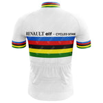 The Renault Elf Gitane Retro Cycling Jersey Set features a back view of a white, retro jersey with rainbow stripes on the chest and sleeves and the RENAULT elf - CYCLES GITANE branding in black, capturing classic Tour de France nostalgia.