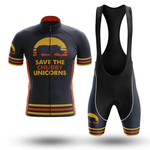 The Old Man WITHA BICYCLE Short Sleeve Cycling Set features a retro design with a rhino silhouette, 'Save the Chubby Unicorns' text, and orange-yellow striped accents—ideal as a customizable jersey for your next ride.