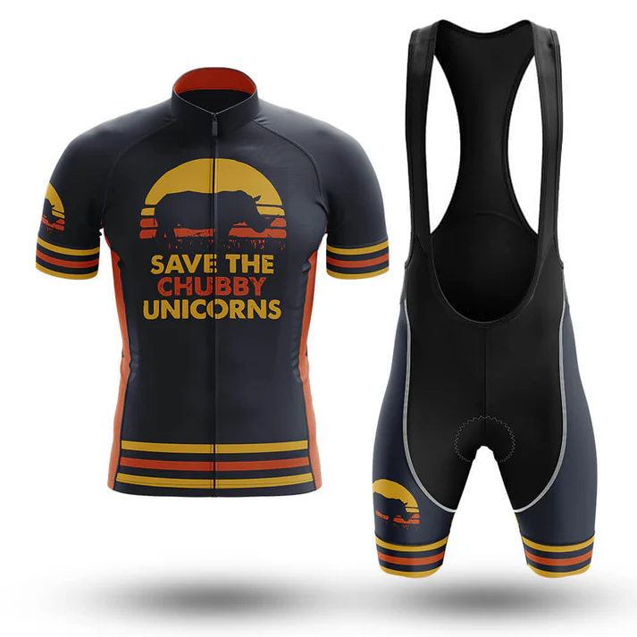 The Old Man WITHA BICYCLE Short Sleeve Cycling Set features a retro design with a rhino silhouette, 'Save the Chubby Unicorns' text, and orange-yellow striped accents—ideal as a customizable jersey for your next ride.