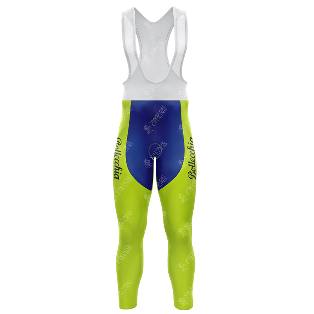 The 1989 ADR Retro Long Sleeve Cycling Set features premium blue and yellow bib tights, with white mesh top. The blue front is flanked by yellow panels, and Ballacia in cursive on the legs. Available with a cozy fleece option for cooler rides.