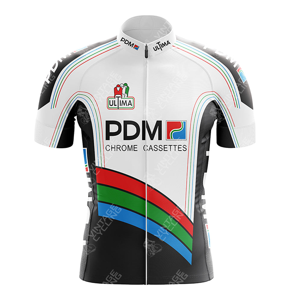 The White Reynolds Retro Short Sleeve Cycling Set features vintage PDM Chrome Cassettes and ULTIMA logos with a dynamic design of black, white, and multicolored lines, capturing the essence of classic retro cycling attire.