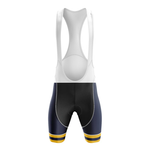 The U.S.Navy V3 Men Short Sleeve Cycling Set features black and navy blue bib shorts with white suspenders and yellow stripes, ideal to match the Chicago Flag Cycling Jersey. Presented on a plain white background.