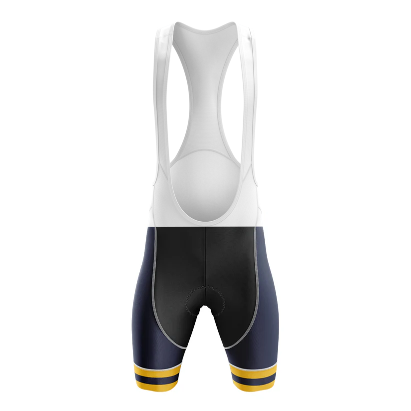 The U.S.Navy V3 Men Short Sleeve Cycling Set features black and navy blue bib shorts with white suspenders and yellow stripes, ideal to match the Chicago Flag Cycling Jersey. Presented on a plain white background.
