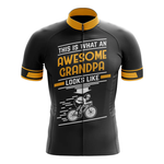The Scotland Men Short Sleeve Cycling Set is a black, moisture-wicking jersey with yellow accents and “This is what an awesome grandpa looks like” above a cyclist—ideal for any proud grandpa.