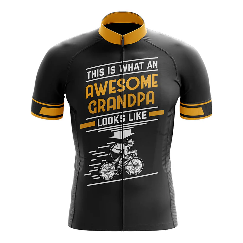 The Scotland Men Short Sleeve Cycling Set is a black, moisture-wicking jersey with yellow accents and “This is what an awesome grandpa looks like” above a cyclist—ideal for any proud grandpa.