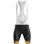 The Scotland Men Short Sleeve Cycling Set features bib shorts with white straps, black shorts, and yellow stripes near the hem, paired with a moisture-wicking men's jersey. Shown on a plain white background.