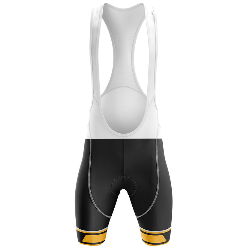 The Scotland Men Short Sleeve Cycling Set features bib shorts with white straps, black shorts, and yellow stripes near the hem, paired with a moisture-wicking men's jersey. Shown on a plain white background.