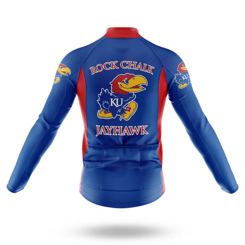 A men’s long sleeve cycling jersey in Ohio State colors featuring Buckeye logos and OHIO STATE text on the back—ideal for cool weather rides.