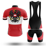 The 1st Cavalry Division Men Short Sleeve Cycling Set includes a moisture-wicking jersey with a crowned double-headed eagle on the back and bib shorts featuring bold red, white, and black color blocks for standout style.
