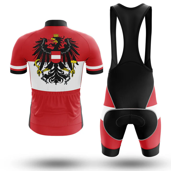 The 1st Cavalry Division Men Short Sleeve Cycling Set includes a moisture-wicking jersey with a crowned double-headed eagle on the back and bib shorts featuring bold red, white, and black color blocks for standout style.