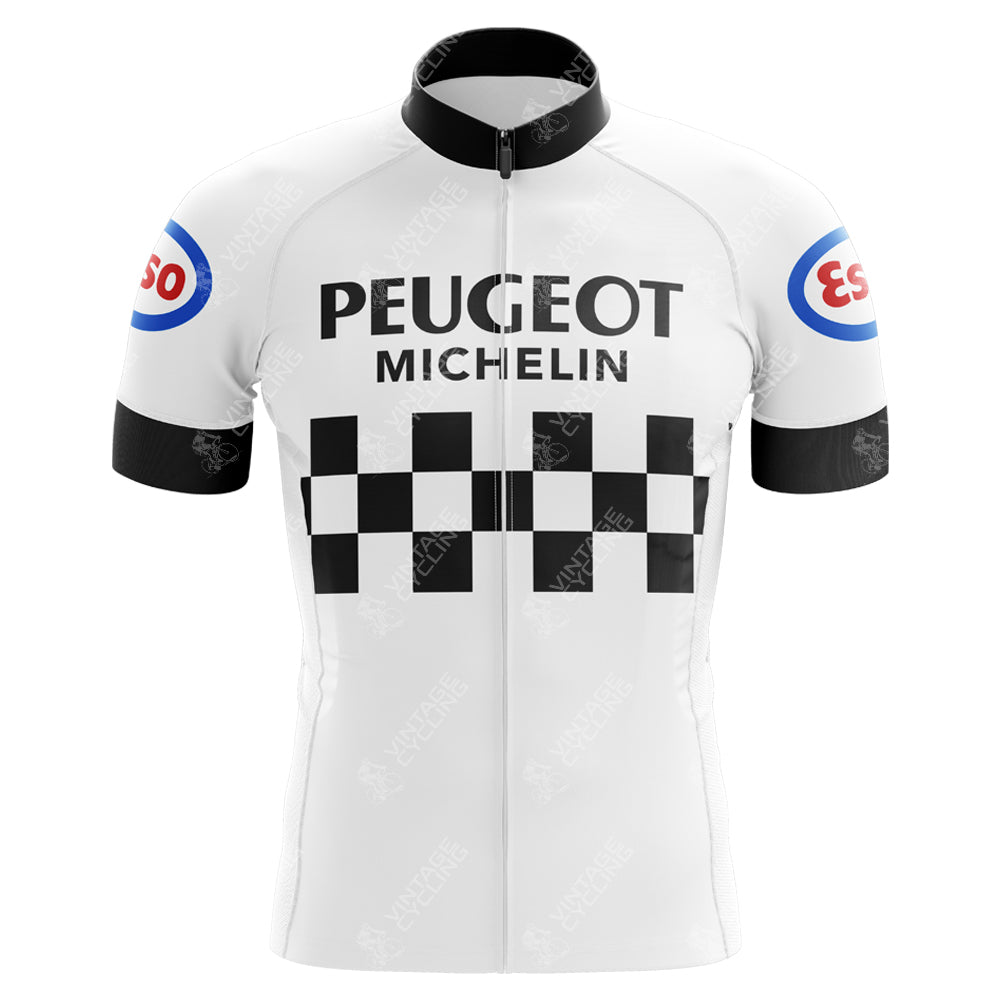 The Classic 1960s Peugeot Retro Cycling Jersey exudes vintage charm with its iconic black checkered pattern, Peugeot and Michelin logos on the chest, Esso logo on the sleeves, and black cuffs, collar, and zipper.