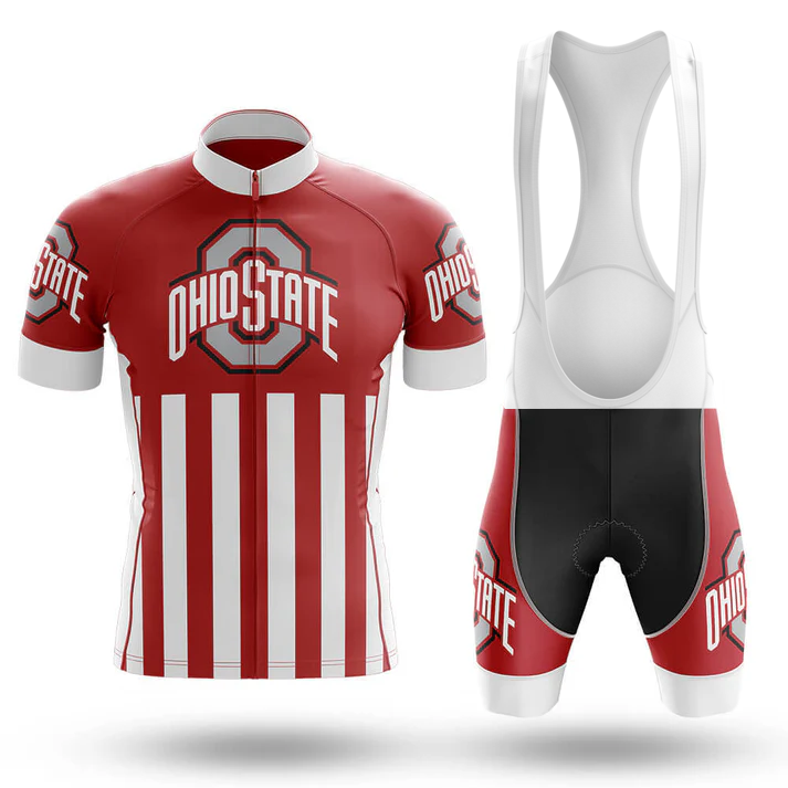 The Shark Men Short Sleeve Cycling Set features a red and white Ohio State design with vertical white stripes on the jersey, matching logo details on the sides and back of the bib shorts, and white shoulder straps.