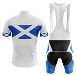 Front and back view of the Specialized V1 Men Short Sleeve Cycling Set in white with blue accents featuring a large blue and white St Andrews cross on the bib shorts and jersey.