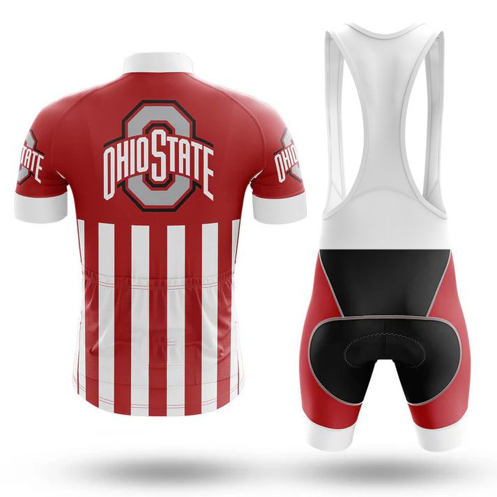The Shark Men Short Sleeve Cycling Set features a red and white Ohio State design with logo, text, vertical white stripes on the jersey’s lower back, and black panels on the bib shorts—ideal for fans seeking a stylish cycling kit.