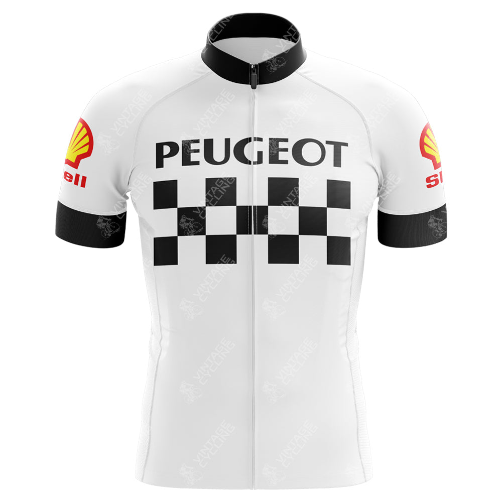 The Classic 1960s Peugeot Retro Cycling Jersey mirrors the style of the era with PEUGEOT on a black checkered front, Shell logos on the sleeves, and a black collar with a zipper, reminiscent of designs worn by cycling legends like Eddy Merckx.