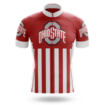The Shark Men Short Sleeve Cycling Set features bold vertical red and white stripes with the Ohio State logo and text on the front and sleeves—perfect for fans looking for an Ohio State-themed cycling kit.