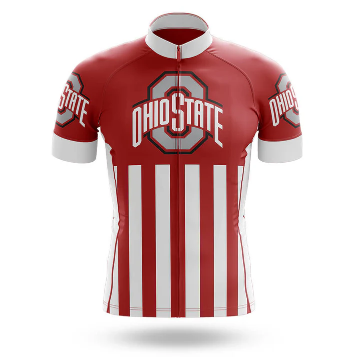 The Shark Men Short Sleeve Cycling Set features bold vertical red and white stripes with the Ohio State logo and text on the front and sleeves—perfect for fans looking for an Ohio State-themed cycling kit.