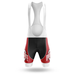 The Shark Men Short Sleeve Cycling Set features bib shorts with a white upper, black center, and red side panels. Each leg displays the Ohio State logo in white lettering, making it perfect to pair with your favorite cycling kit. Shown on a white background.