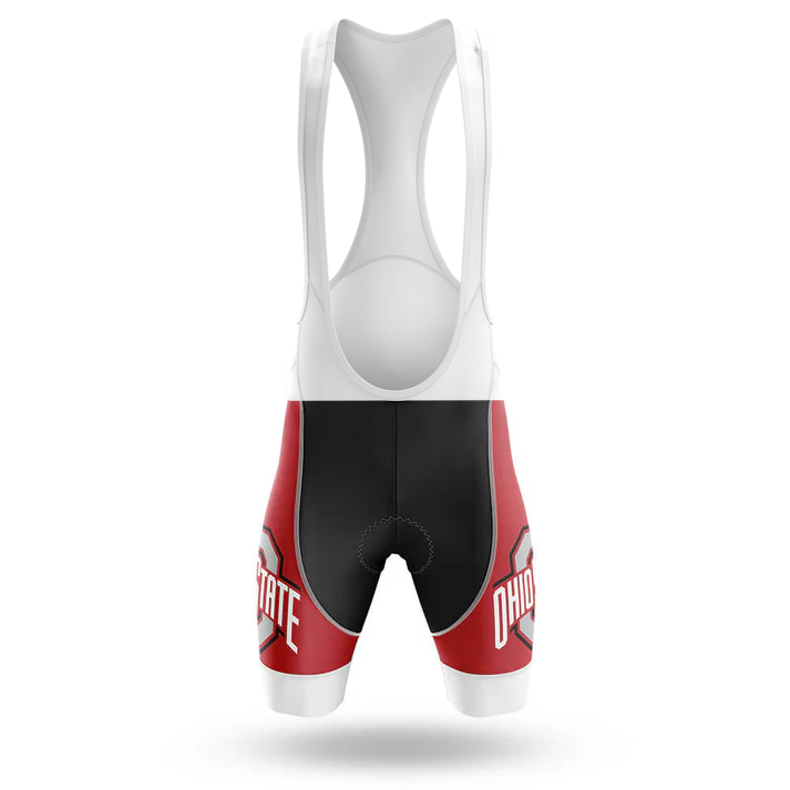 The Shark Men Short Sleeve Cycling Set features bib shorts with a white upper, black center, and red side panels. Each leg displays the Ohio State logo in white lettering, making it perfect to pair with your favorite cycling kit. Shown on a white background.