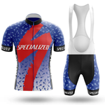 The Bees Men Short Sleeve Cycling Set features a blue and white confetti pattern, bold red lightning on the jersey, and “SPECIALIZED” text—an eye-catching design inspired by the energy of a Chicago flag jersey.
