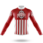 The Shark Men Long Sleeve Cycling Jersey features red and white vertical stripes, “Ohio State” text, and the university logo on the chest and sleeves.