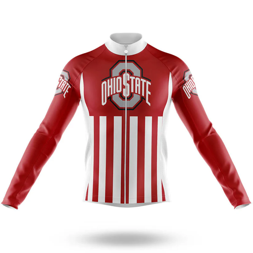 The Shark Men Long Sleeve Cycling Jersey features red and white vertical stripes, “Ohio State” text, and the university logo on the chest and sleeves.