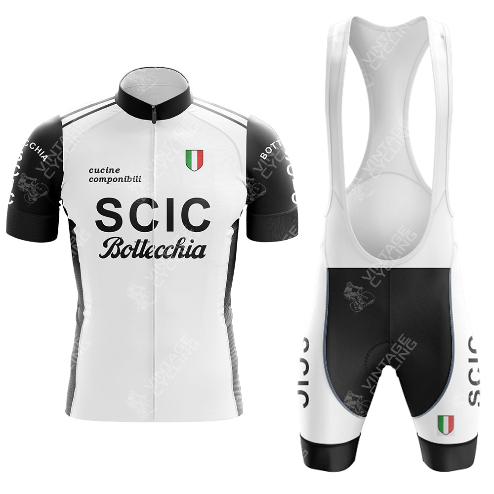 Embrace classic style with the SCIC Retro Short Sleeve Cycling Set, featuring a white and black jersey with SCIC Bottecchia and an Italian flag emblem, paired with matching bib shorts. Check our size guide for the perfect fit.