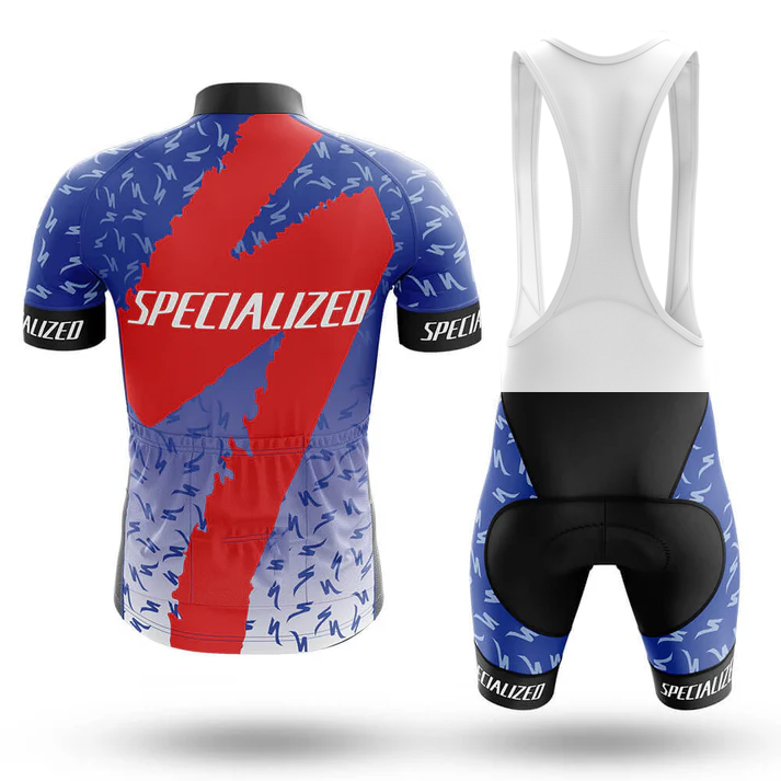 The Bees Men Short Sleeve Cycling Set features a blue and white design with black accents, a striking red diagonal stripe, and “SPECIALIZED” in white on the back and sleeves—perfect for making a stylish statement on every ride.
