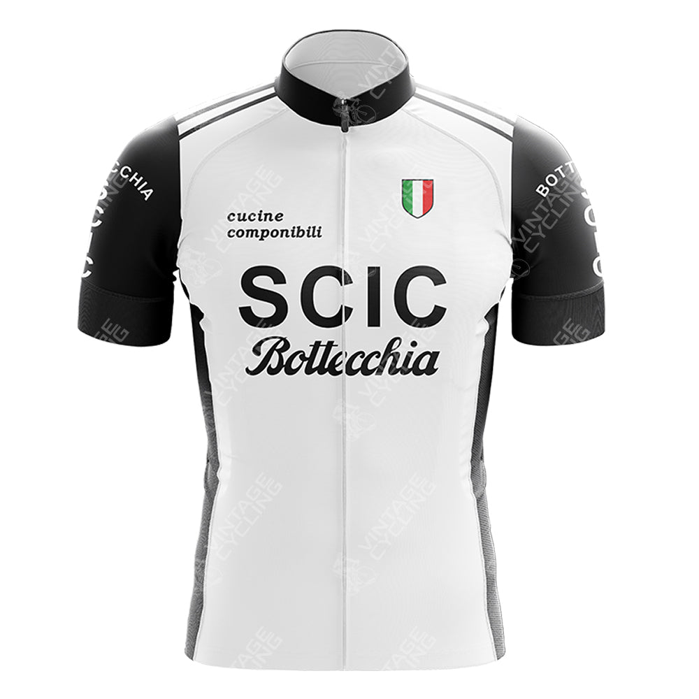 The SCIC Retro Short Sleeve Cycling Set features a black and white SCIC Bottecchia and cucine componibili design, an Italian flag emblem on the chest, and detailed short black sleeves. Refer to the size guide for the perfect fit.