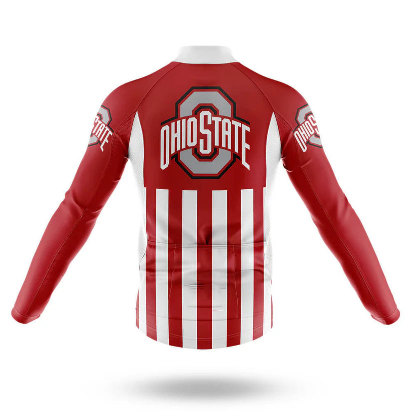 Back view of a Shark Men Long Sleeve Cycling Jersey in red and white with vertical stripes, bold block O logo and OHIO STATE text on the upper back. Sleeves feature Ohio State logos and text for extra team pride.